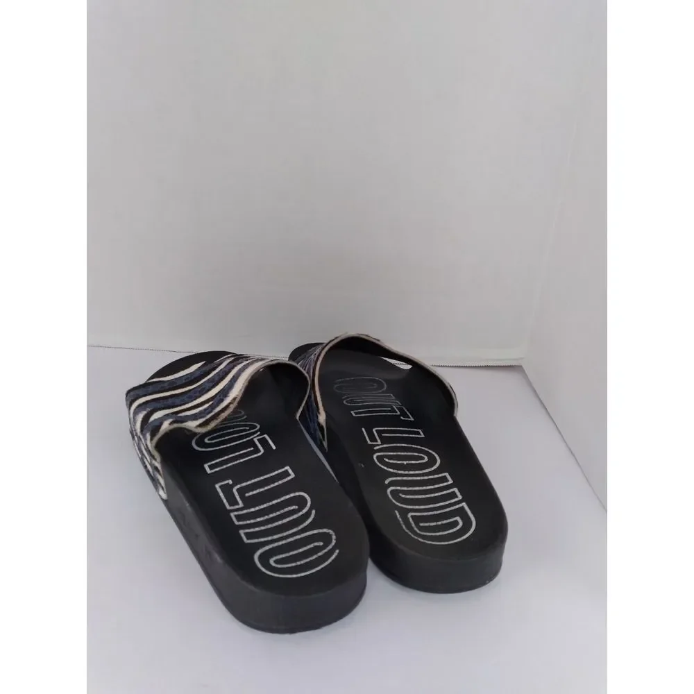 Slides‎ Zebra Print Faux Fur Blue Accents Sandals
